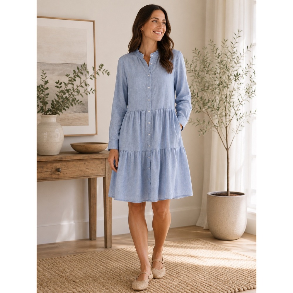 Alice Walk | NWT Linen Tiered Dress Blue Ruffle Collar Button Front | Sz L